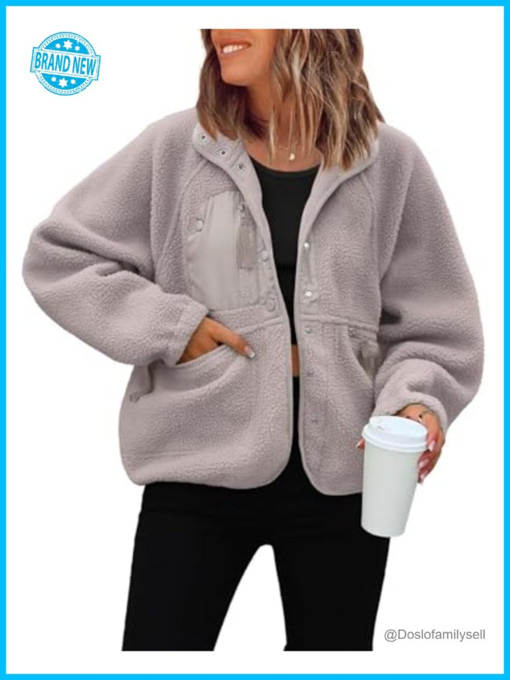 Cropped Fuzzy Fleece Jacket Button Down Oversized Coat